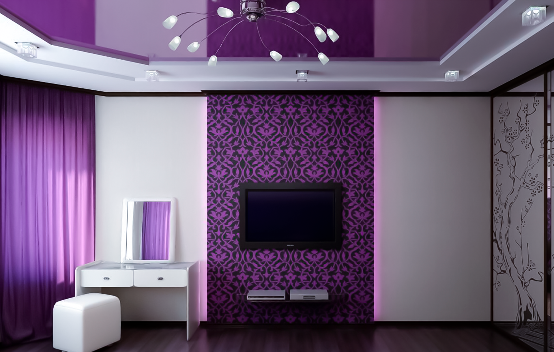 Фиолетовый потолок в интерьере