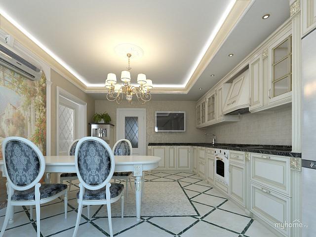 большая кухня с классическим оформлением